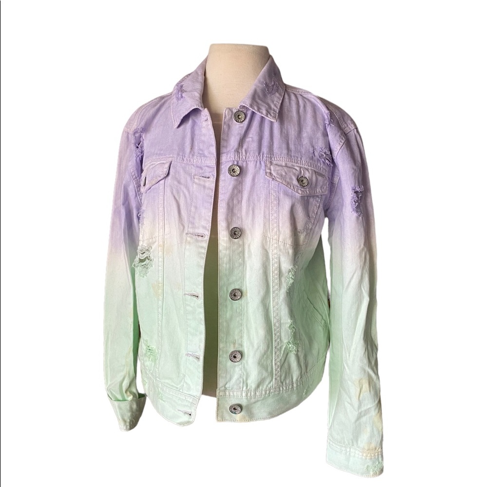 Bullhead Black distressed ombre denim jkt XL lilac green white chrome grommets - Picture 1 of 10